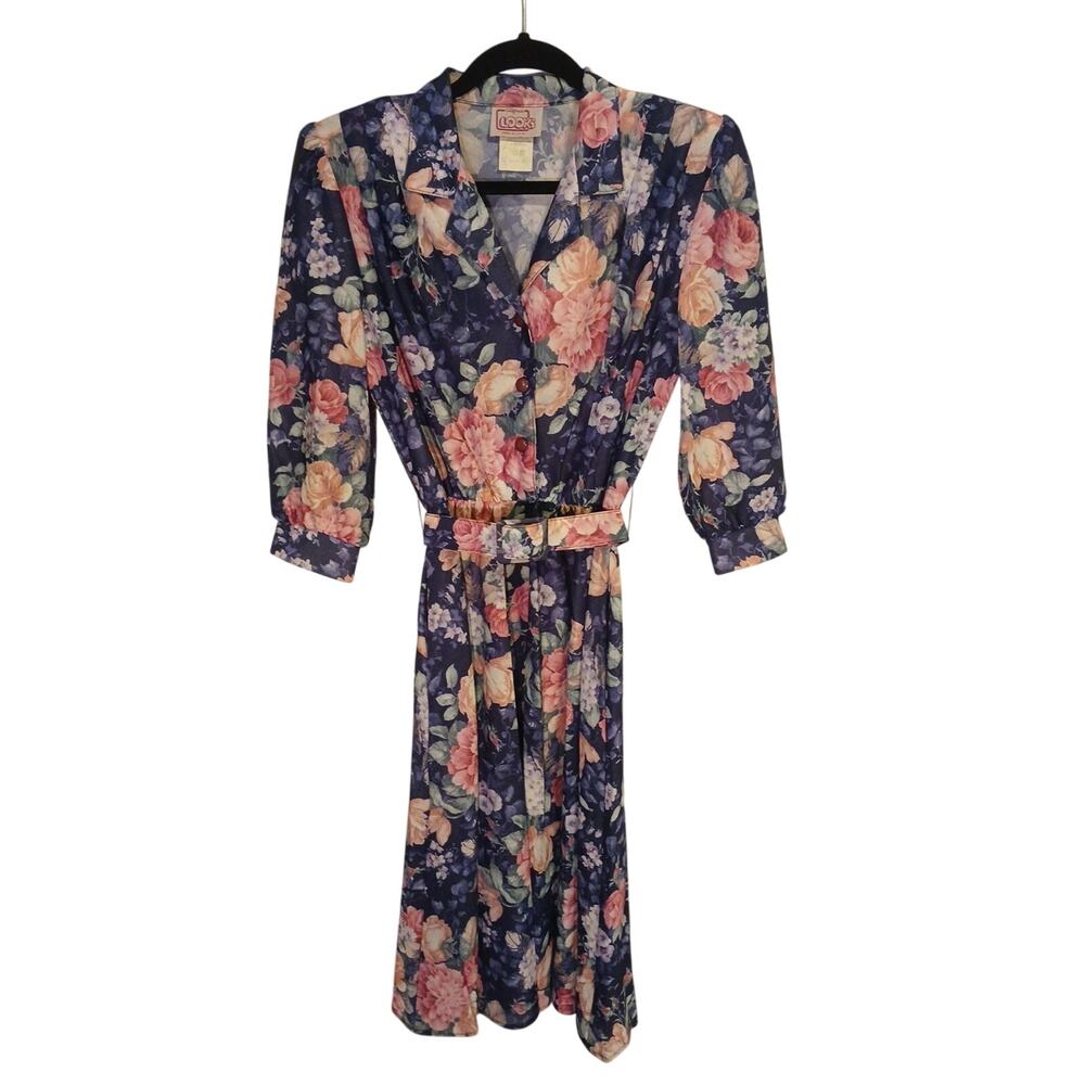 VTG California Looks Dress Woman SZ 6P Floral Blue Green Belted CottageCore B15